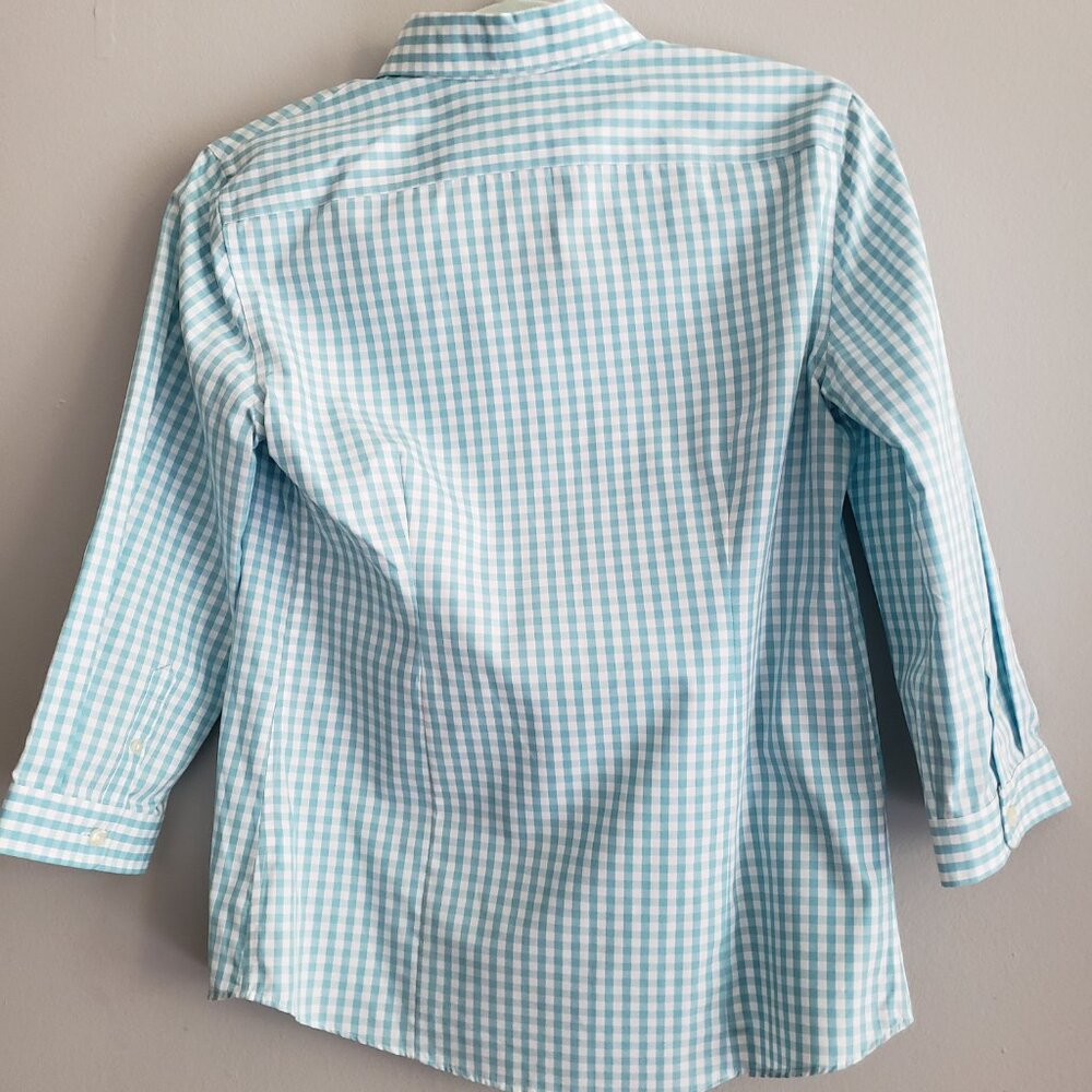 Lands' End Supima Cotton Aqua Gingham 3/4 Sleeve Button Up Shirt - Picture 2 of 11